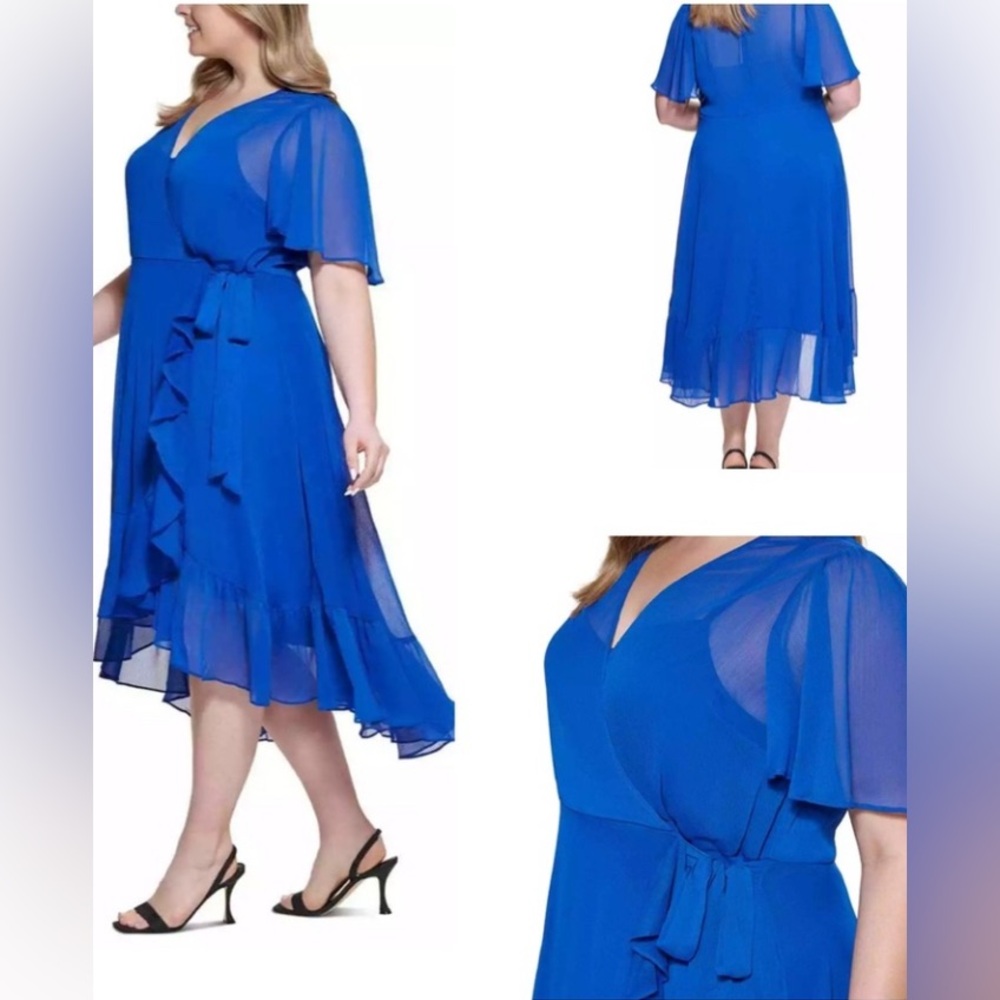 Calvin Klein Women’s Faux-Wrap Ruffle Dress – Size 14– Cobalt Blue